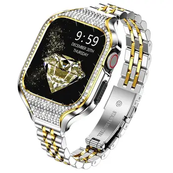 Блестящий Металлический корпус + Ремешок для Apple Watch Band 40 мм 41 мм нарядный браслет из нержавеющей стали + Чехол со стразами iwatch series SE 7 6 5 4 8