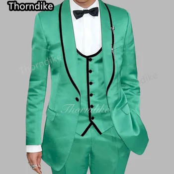 Новейший светло-зеленый дизайн Thorndike Блестящий Смокинг 2022 Тонкий пиджак Брюки Вечернее Мужское платье Однобортный свадебный костюм 3шт