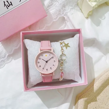 Женские часы с ремешком из искусственной кожи, женские кварцевые часы, водонепроницаемые часы-браслет в стиле ретро с круглым циферблатом, женские наручные часы для девочек