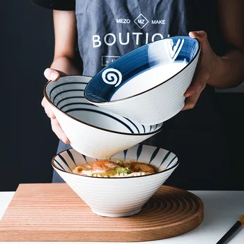 Большие керамические миски для рамена в японском стиле, 7,5 / 8-дюймовая миска для супа с лапшой, ручная роспись керамической посуды подглазурного цвета