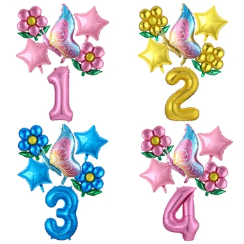 6шт Красочный Набор воздушных шаров из фольги с бабочками Розовое Золото Синий Цветок 30-дюймовый Номер Воздушные Шары Детский Душ День Рождения Декор Принадлежности