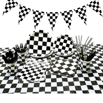 Черная квадратная решетчатая тарелка для тематической вечеринки, салфетки, баннер, коробка конфет для вечеринки по случаю Дня рождения, аксессуары для гоночных автомобилей