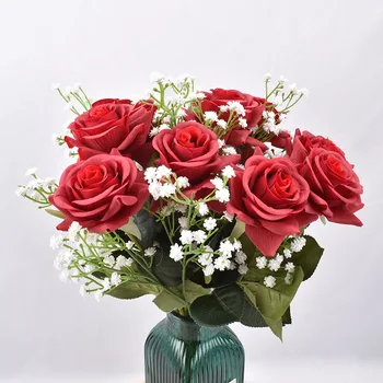 Букет искусственных цветов из розово-красного шелка 41 см, высококачественные Дешевые искусственные цветы для домашнего свадебного украшения в помещении