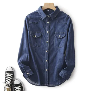 Весна-осень, Женский стиль, Хлопковая джинсовая рубашка с отложным воротником, двойной карман, Винтажная синяя повседневная блузка C936