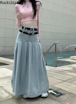 Макси Миди Длинная Джинсовая Юбка с Поясом женские джинсовые юбки y2k ткань летняя корейская мода 2023 плиссированная высокая талия в готическом стиле harajuku