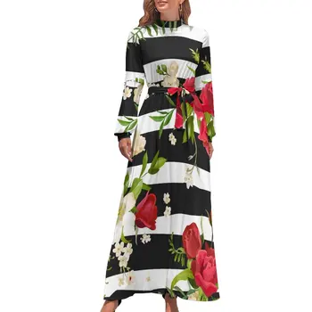 Модное платье с цветочным рисунком, макси-платье в черно-белую полоску, высокая талия, Корейская мода, пляжные длинные платья в стиле бохо, Vestidos