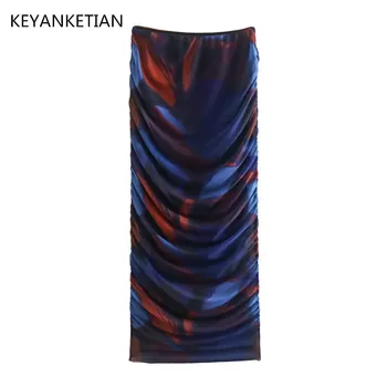 Весенняя новинка KEYANKETIAN - женская короткая юбка из сетчатой ткани в стиле ретро с синим принтом, облегающая юбка МИДИ с высокой талией