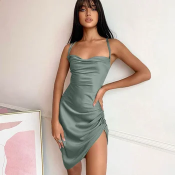 2023 Сексуальное Платье На подтяжках с Вырезом на Груди и Плиссированной Спинкой, Выдолбленное Атласное Вечернее Мини-Платье на шнуровке для Женщин Vestidos