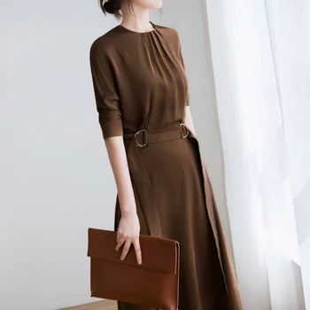 Женское атласное платье кофейного цвета с уксусной кислотой, высококачественная текстура, пояс со средними рукавами, для похудения