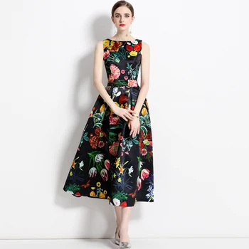 2023 Новое Подиумное Модное платье с цветочным принтом для женщин, квадратный воротник, без рукавов, Высокая талия, тонкие миди-платья трапециевидной формы, женские