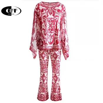 Дизайнерская уличная одежда для подиума, шикарный женский комплект из двух предметов, свободные винтажные топы с цветочным принтом, блузки и брюки, комплекты outfit traf