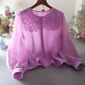 Женская весенне-летняя винтажная фиолетовая рубашка с вышивкой с длинным рукавом, женская Свободная повседневная хлопчатобумажная рубашка большого размера, блузка TB799