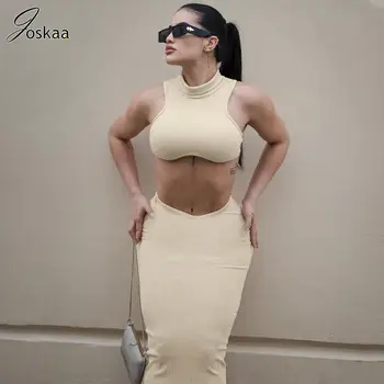 Joskaa, однотонный сексуальный укороченный топ без рукавов с круглым вырезом на груди и узкая юбка Макси на бедрах в тон летней моде 2023 года для женщин, комплект одежды