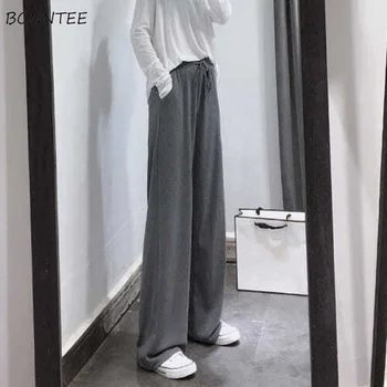 Широкие брюки Женские Весенние Ретро Свободные завязки, женские трикотажные изделия популярного Корейского стиля, однотонные, длинной длины, Простые универсальные Ins