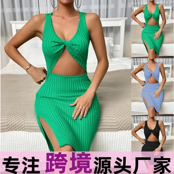 Новое сексуальное женское платье с пуговицами на плечах, облегающее платье с запахом на бедрах Летом 2023 года