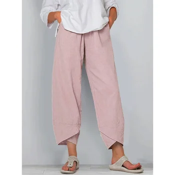 Женские хлопчатобумажные льняные брюки Y2k Свободные и удобные, с эластичным поясом и повседневным карманом в стиле ретро. Широкие брюки