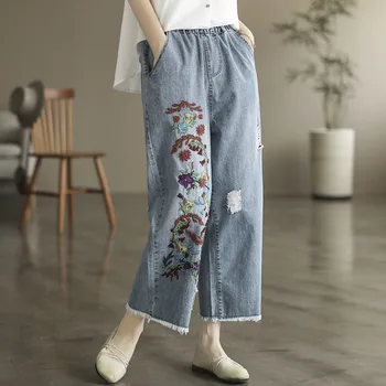 2023 Женские роскошные весенние свободные Широкие брюки с вышивкой, джинсы для отдыха с дырками, женские классические винтажные джинсовые брюки в стиле панк