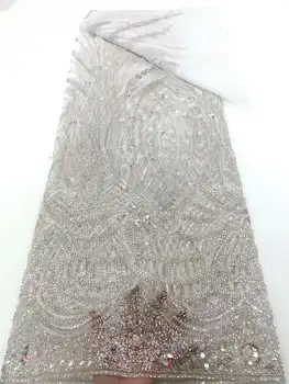 5 ярдов белой африканской сетчатой кружевной ткани С роскошными пайетками 2023 года, высококачественный французский тюль, нигерийские бусины, материал для свадебного платья