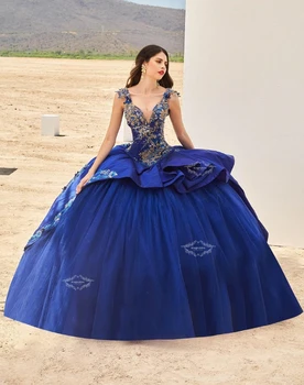 Королевские синие пышные платья, бальное платье с V-образным вырезом, тюлевые аппликации, жемчуг, мексиканская сладость, 16 платьев, 15 Anos