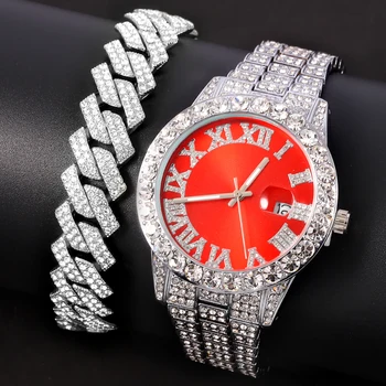 Комбинированные часы и браслет 2022 Iced Out Cuban Link Miami Браслет-цепочка с микромощением из кристаллов Роскошные ювелирные наборы для мужчин и женщин