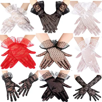 Атласные кружевные перчатки для женщин, аксессуары для свадебных платьев в стиле ретро, перчатки
