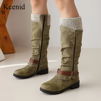Kcenid, Новые женские ботинки в стиле ретро, модная женская обувь в складку, вязаные сапоги до колена, зимняя женская обувь с пряжкой, ремешком и молнией