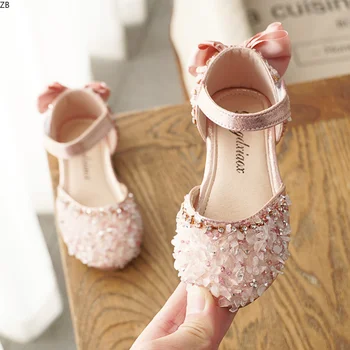 Новая детская кожаная обувь, Детские сандалии принцессы, свадебные туфли с блестками и бантом, повседневная танцевальная обувь для девочек, сандалии на плоской подошве, обувь для девочек.