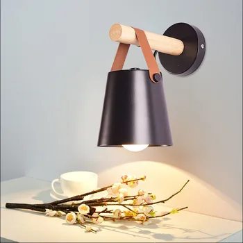 Современный скандинавский Белый / черный Светодиодный деревянный настенный светильник E27, Прикроватный светильник с абажуром, украшение дома, Светильники для гостиной