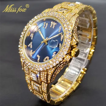 Роскошные Золотые мужские часы с автоматическим календарем Водонепроницаемые парные часы Королевский синий циферблат С арабскими цифрами CZ Багетный браслет Часы