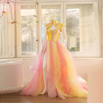 Платья для выпускного вечера Sweet Garden с коротким рукавом robe de soiree, модные женские платья из тюля, розово-желтое длинное платье для фотосъемки в Дубае
