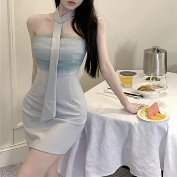 Винтажное однотонное универсальное повседневное мини-платье для женщин, новинка лета 2023, сексуальное облегающее платье без рукавов с открытыми плечами и шарфом