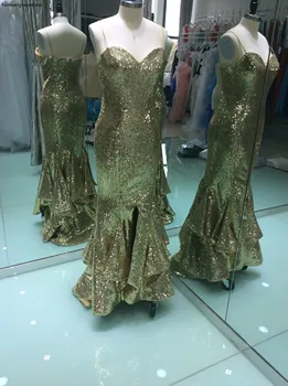 Длинное выпускное платье Русалки Золотого цвета, Новый дизайн, сексуальное вечернее платье на бретельках с пайетками и открытой спиной, сшитое на заказ, плюс размер