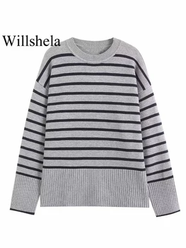 Willshela, женский модный вязаный пуловер в серую полоску, винтажный свитер с длинными рукавами и круглым вырезом, шикарные женские топы