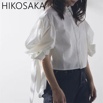 Сладкие рубашки со съемным бантом с пышными рукавами, женская однобортная блузка с отложным воротником, женская летняя блузка в японском стиле