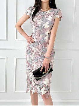 Летние кружевные платья-бабочки с вышивкой для женщин контрастного цвета в цветочек, Корейская мода, офисная вечеринка, облегающее Элегантное платье