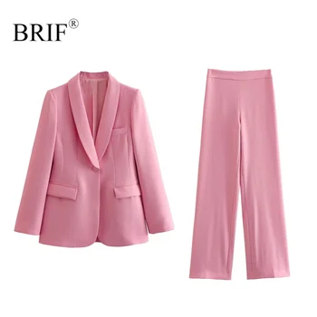 Элегантный женский модный розовый блейзер с воротником-смокингом и прямые брюки с завышенной талией для офисных леди, комплект брюк, уличная одежда