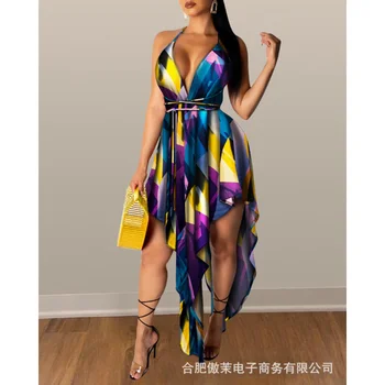 Новое летнее платье 2023, женское сексуальное плиссированное асимметричное платье-макси с V-образным вырезом и принтом для пляжного отдыха, Vestidos Robe