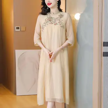 Новый Китайский Стиль Ретро Улучшенное Льняное Платье Чонсам Женское Летнее Национальное Платье с Вышивкой Высокого класса 2023 Qipao Z1116