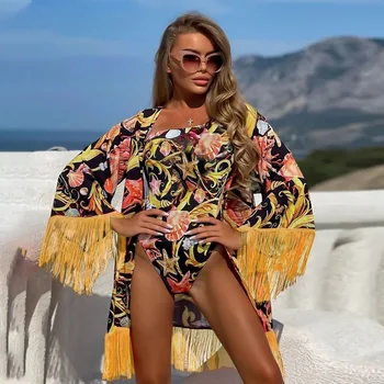 2023 Женская мода Повседневный пляжный стиль Бохо, Цельная накидка с кисточками и длинными рукавами, комплект из двух предметов