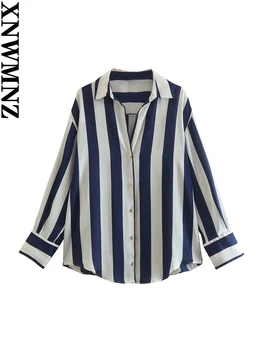 XNWMNZ 2023 Женская модная атласная рубашка в широкую полоску, женский повседневный топ с лацканами и длинными рукавами, офисная женская блузка, женская шикарная блузка