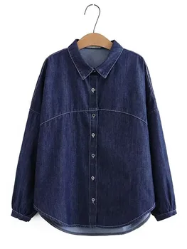 Женская джинсовая рубашка большого размера С длинным рукавом и лацканами, однотонная джинсовая блузка спереди, грудь в стиле пэчворк, Свободная весенняя рубашка большого размера