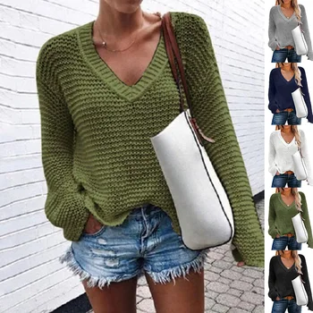 Трикотаж, женский свитер, пуловеры Mujer, свитер с v-образным вырезом, женский однотонный вязаный свитер