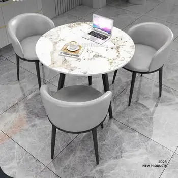Круглый стол из каменной доски, стол для переговоров и сочетание стула, стойка регистрации, Кофейня, Офис, Стол для совещаний, обеденный стол