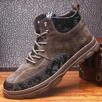 2020 Зимние мужские ботинки Плюс бархатная хлопчатобумажная обувь Обувь для инструментов Мужские кожаные зимние трендовые военные ботинки Мужская обувь с высоким берцем