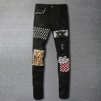 Летние мужские мотоциклетные брюки, Уличные ретро Рваные джинсы с контрастным лоскутным рисунком, мужские брюки в стиле панк, джинсы в стиле хип-хоп, Рваные дизайнерские брюки