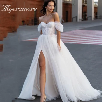 Тюлевые кружевные свадебные платья с открытыми плечами, аппликация, свадебное платье с высоким разрезом, длинные пышные рукава трапециевидной формы Свадебное Платье