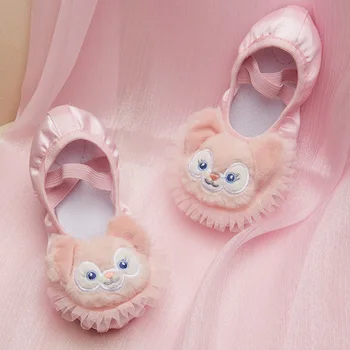 Атласные танцевальные туфли на плоской подошве для девочек с милым Мишкой спереди, розовые тапочки, дизайн принцессы, детская балерина для занятий танцами