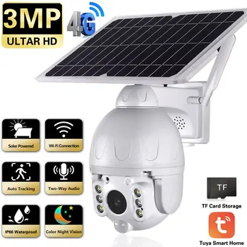 3MP CCTV PIR Обнаружение Движения Солнечная Камера Наблюдения 4G SIM-Карта PTZ IP-Камера Водонепроницаемая 30-Метровая Красочная Камера Ночного Видения Tuya APP