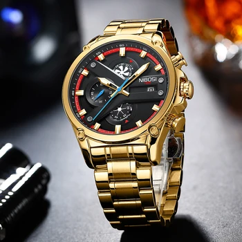Часы NIBOSI класса люкс от ведущего бренда Мужские спортивные хронографы Кварцевые золотые мужские часы Водонепроницаемые светящиеся мужские наручные часы Подарки