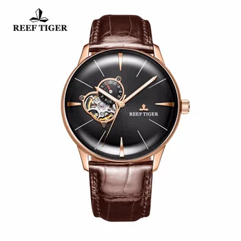 Новые роскошные автоматические часы Reef Tiger/RT для мужчин из розового золота с выпуклыми линзами, часы с турбийоном, Кожаный ремешок RGA8239